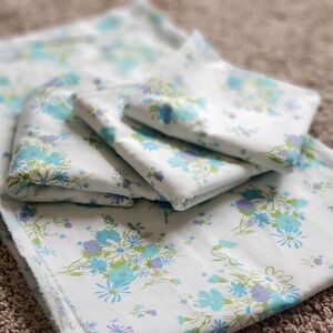 1960s Vintage Cotton Aqua Blue Mint White Floral Lot Of 4 Remnants